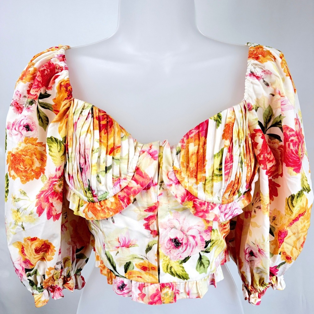 For Love Bell Floral Bustier Crop Top Puff Sleeve Cottagecore Coquette Size L